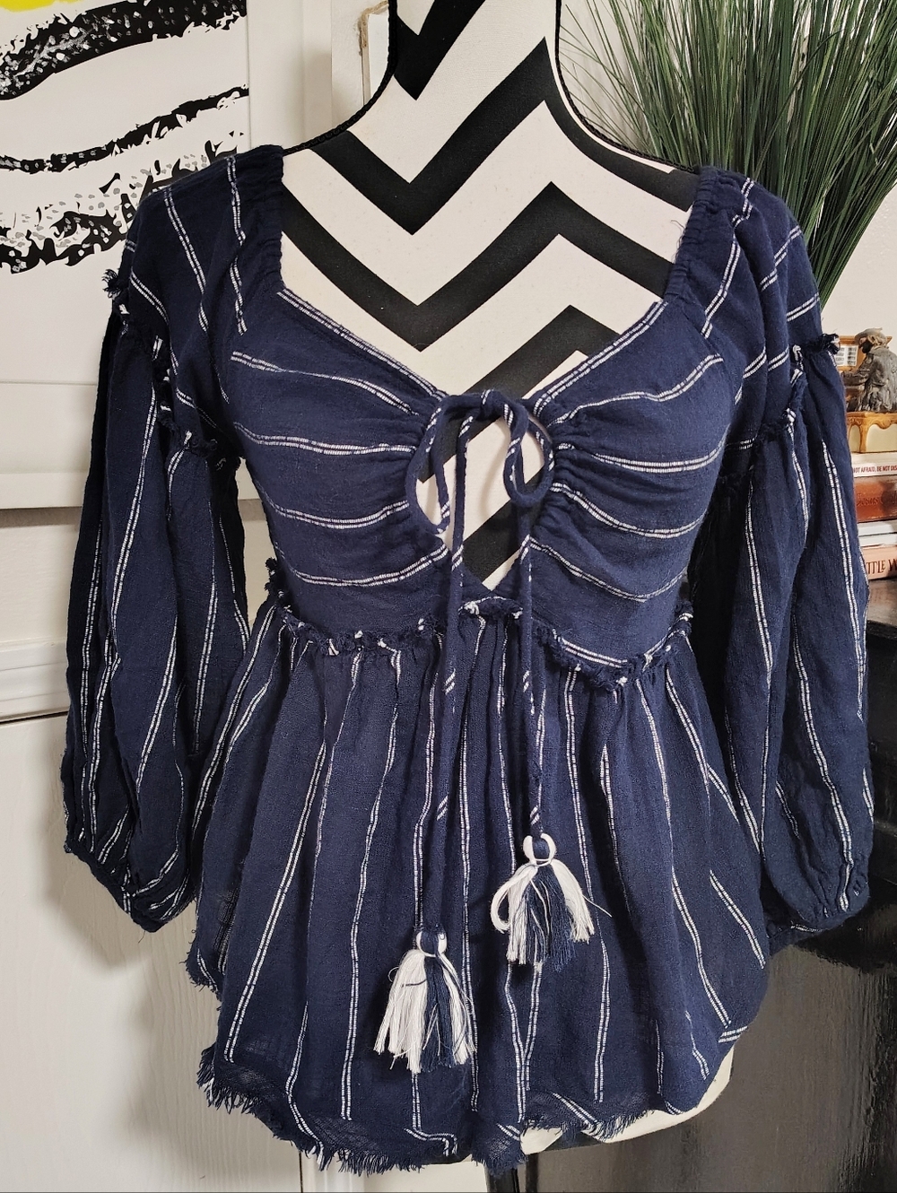 Free People Evey Navy and White Striped Peasant Blouse Women's XS Festival Boho
